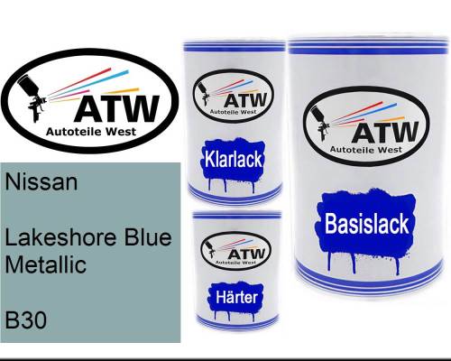 Nissan, Lakeshore Blue Metallic, B30: 500ml Lackdose + 500ml Klarlack + 250ml Härter - Set, von ATW Autoteile West.